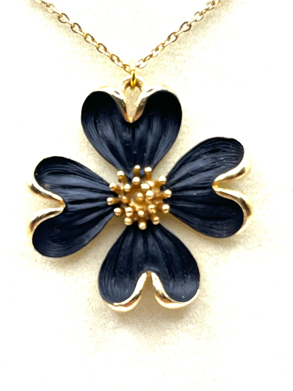 Vintage Black Orchid Pendant Necklace with Gold Accents  Love Strength
